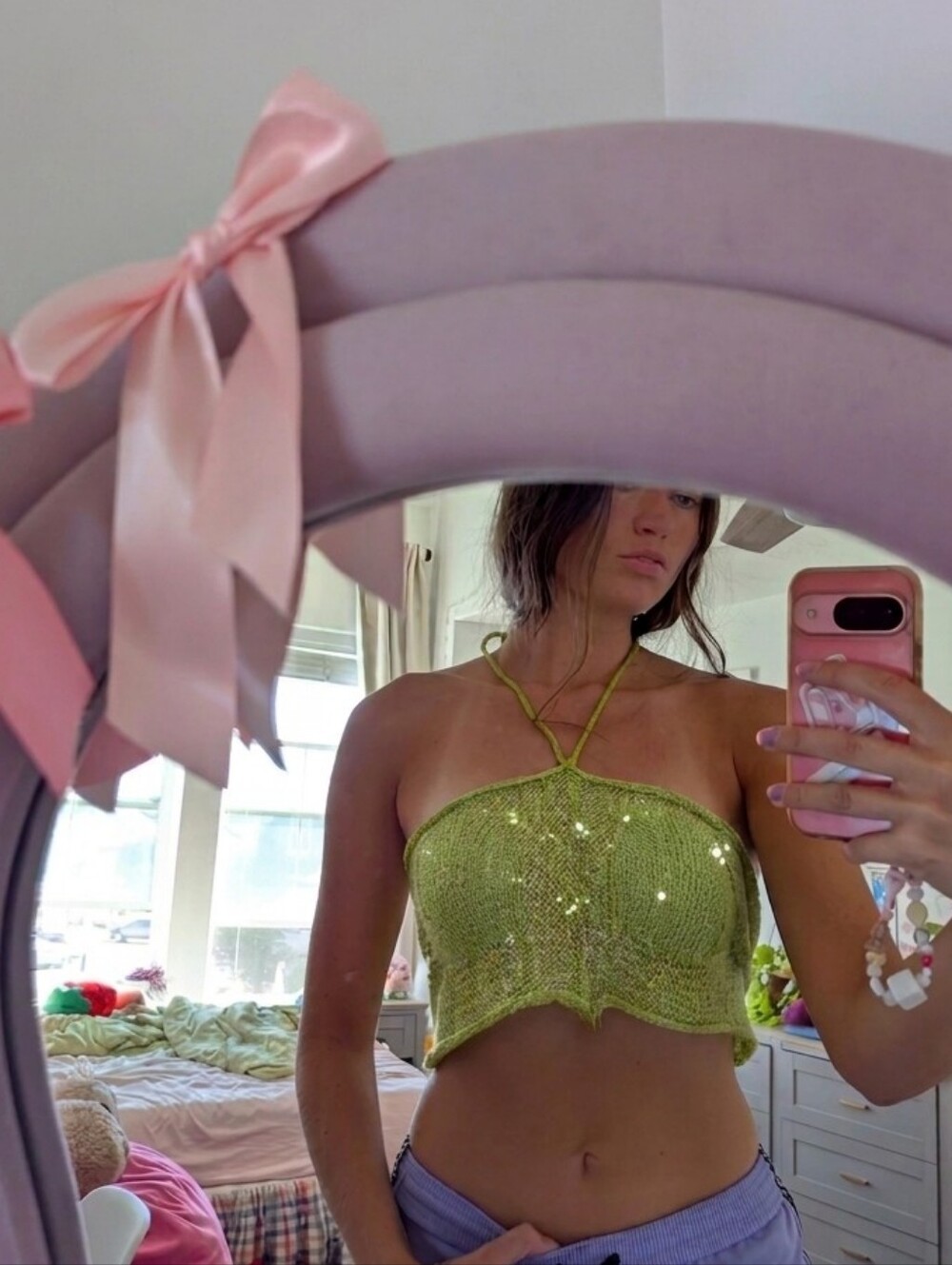 Green Sequin Halter Crop Top - Women